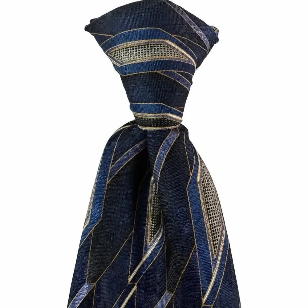 Vintage Towncraft Clip On Tie Mens Blue Gray Gold Geometric Abstract Polyester